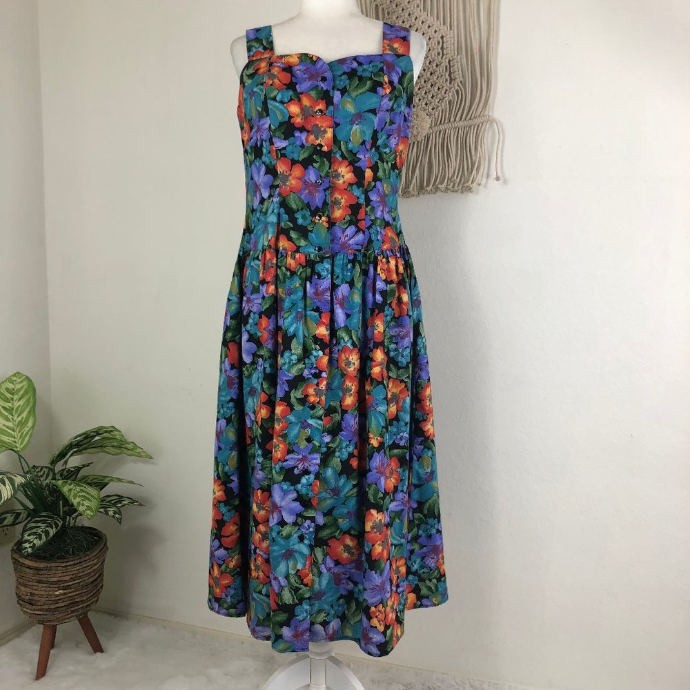 80s vintage vibrant floral button down maxi sun dress 10